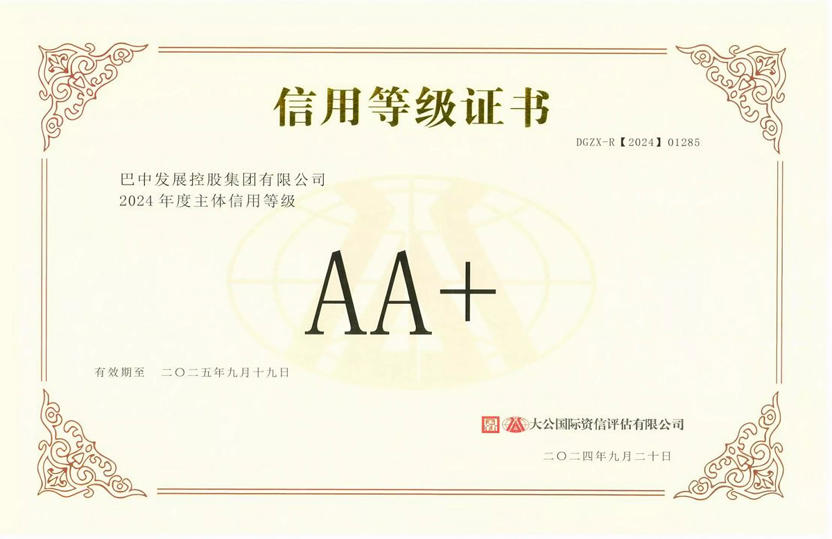 2024年9月20日，巴中發展集團獲得大公國際評級公司AA+主體信用評級